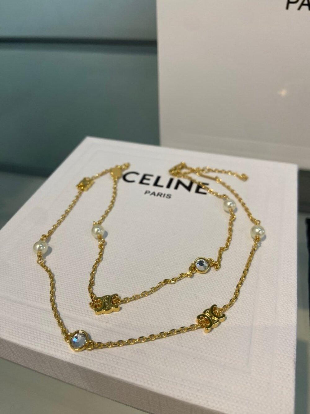 Celine Gold-Tone Triomphe Pearl Crystal Necklace